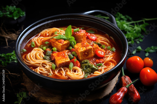 A delicious bowl of vegetarian noodles with tofu and fresh vegetables