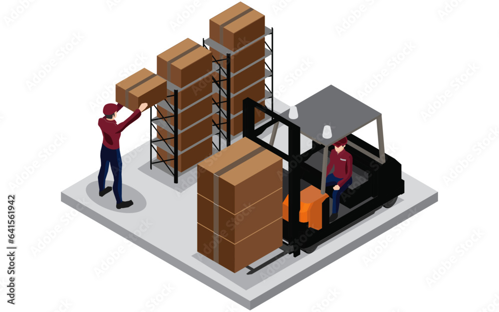 Isometric view of a Warehouse,The transport vehicle uses a robot and human . ,pick up the goods. using automation in product management ,Cartons waiting to be load,Warehouse and Technology Isometric view of a Warehouse,The transport vehicle uses a robot and human . ,pick up the goods. using automation in product management ,Cartons waiting to be load,Warehouse and Technology