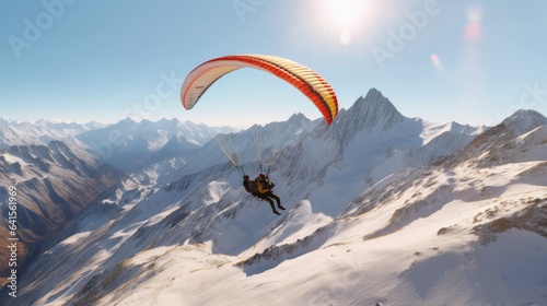  a paraglider flies in the air. snow-covered mountains.