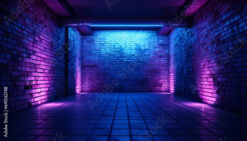 Corridor Room Garage Studio Dance Glowing Blue Purple Spot Lights Concrete Floor,Neon Retro Brick Walls Club Mist Dark Foggy