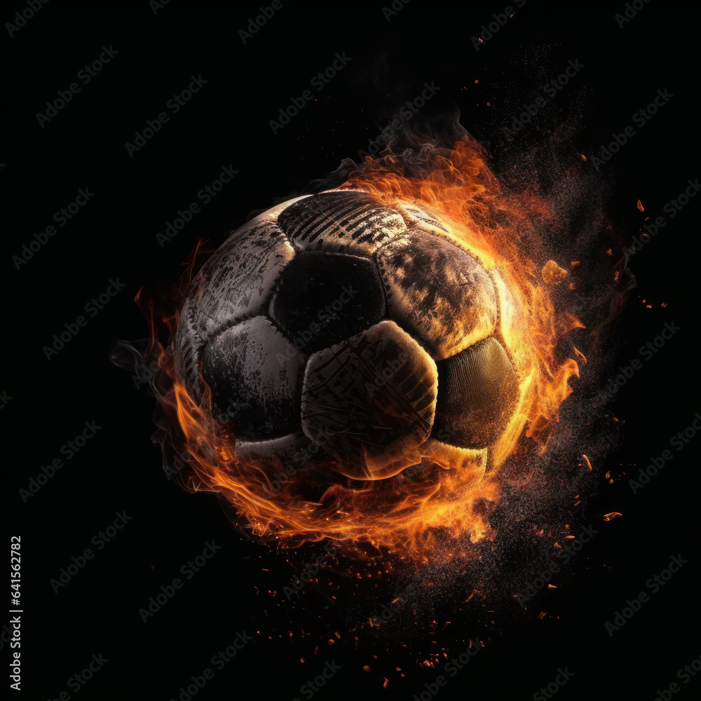 Fototapeta premium A burning soccer ball in an abstract design, perfect for sports-related projects. AI generative.
