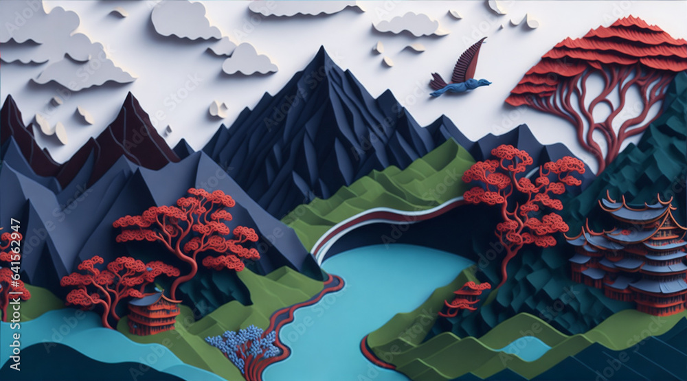 Illustration of Chinese landscape in paper cut style. Generative AI.