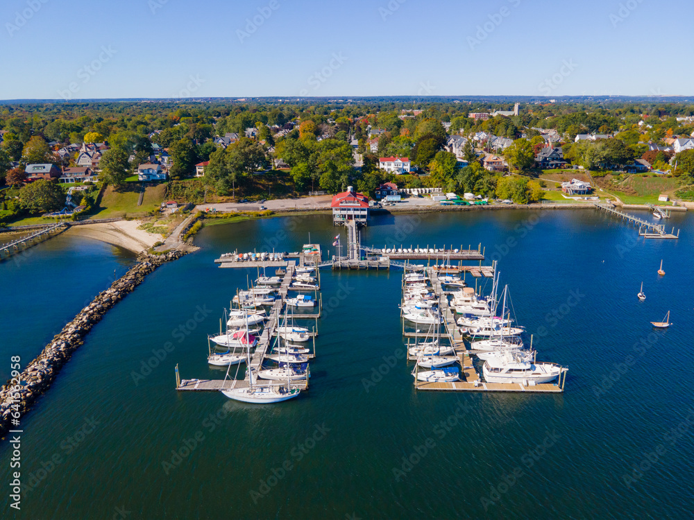 Edgewood Yacht Club aerial view from  Providence River near river mouth to Narragansett Bay in city of Cranston, Rhode Island RI, USA. 