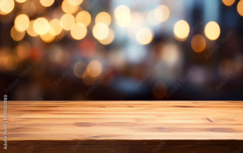Bokeh background with empty wooden deck table for product montage display
