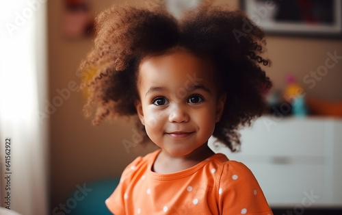 Black dark-skinned african american cute happy smiling girl portrait at home. 