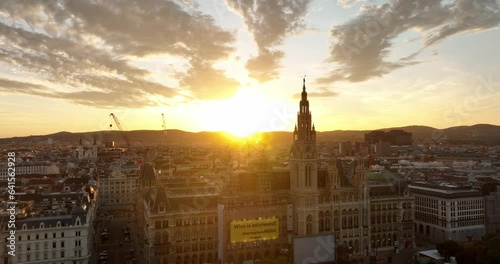 Vienna City Hall. Aerial view of Rathusplatz. Top of Rathaus in Rathauspark. Rathaus in Vienna, town hall. Drone footage. Rathaus city town hall building in the capital city Wien. Travel in Europe. photo