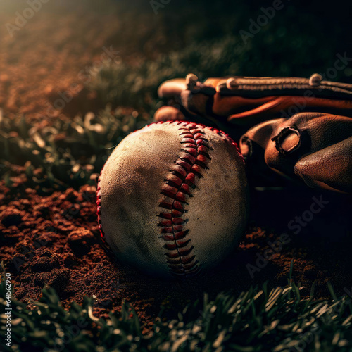 Ultra realistic baseball and Glove with red stitching that lies on a bed of green grass contrasting with the earthy tones of the soil with cinematic lighting.