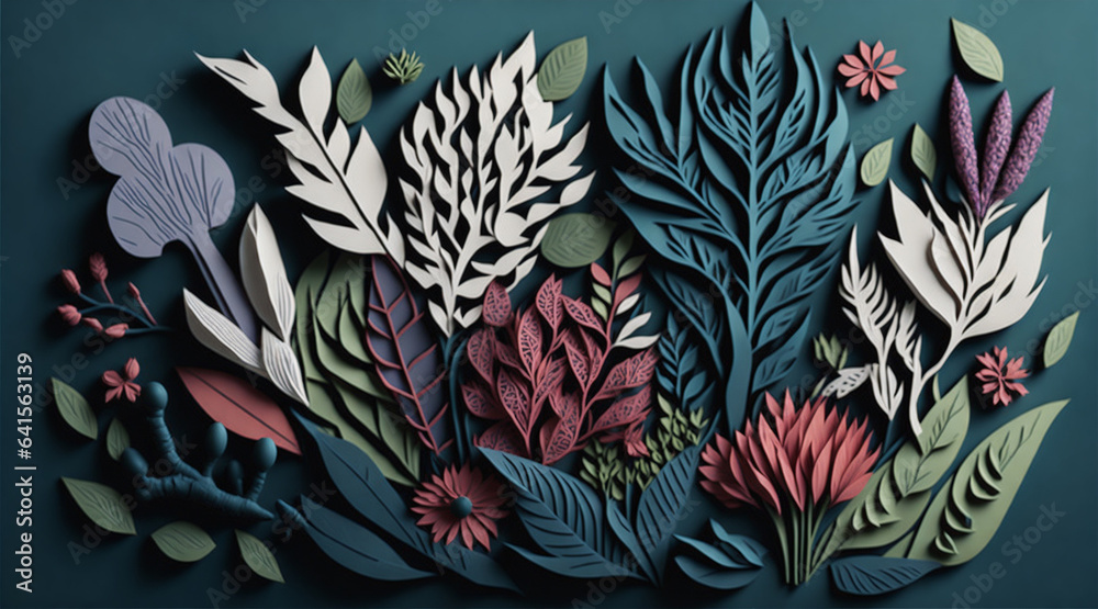 Spring awakening illustration of plants paper cut style. Generative AI.