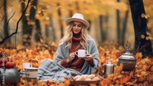 woman picnic in autumn park, drinking coffee.
