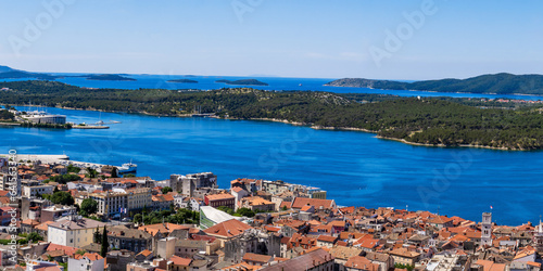 Aerial view of the Sibenik, Croatia. Beautiful old city of Sibenik, panoramic view of the town center and adriatic sea. Dalmatia.