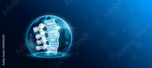 Bone spine human organ inside transparent dome shield protection futuristic with medical icon. Technology innovation health care. Empty space for text. Medical science ads website banner. Vector.