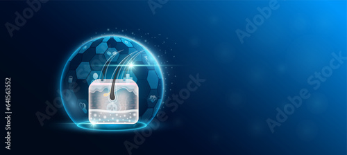 Hair and skin human organ inside transparent dome shield protection futuristic with medical icon. Technology innovation health care. Empty space for text. Medical science ads website banner. Vector.