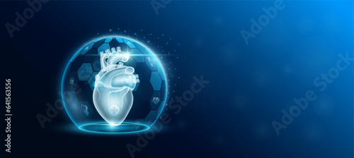 Heart human organ inside transparent dome shield protection futuristic with medical icon. Medical technology innovation health care. Empty space for text. Medical science ads website banner. Vector.