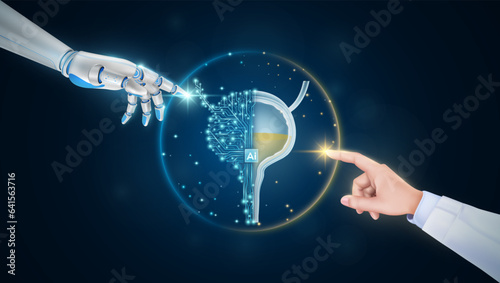 Hand of doctor and robot finger or cyborg artificial intelligence AI touching bladder. Human organ virtual interface. Innovative technology in science medical health care futuristic. 3D Vector.