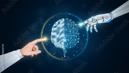 Hand of doctor and robot finger or cyborg artificial intelligence AI touching brain. Human organ virtual interface. Innovative technology in science medical health care futuristic. 3D Vector.