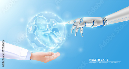 Robot hand AI artificial intelligence assistance touch organ human embryo virtual simulation in doctor hand. Innovative technologies in medical health care futuristic. Realistic 3D Vector EPS10.