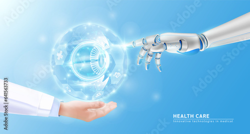 Robot hand AI artificial intelligence assistance touch organ human eyeball virtual simulation in doctor hand. Innovative technologies in medical health care futuristic. Realistic 3D Vector EPS10.