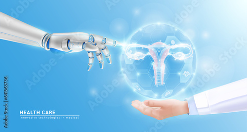 Innovative technologies in medical health care futuristic. Robot hand AI artificial intelligence assistance touch organ human female uterus virtual simulation in doctor hand. Realistic 3D Vector.