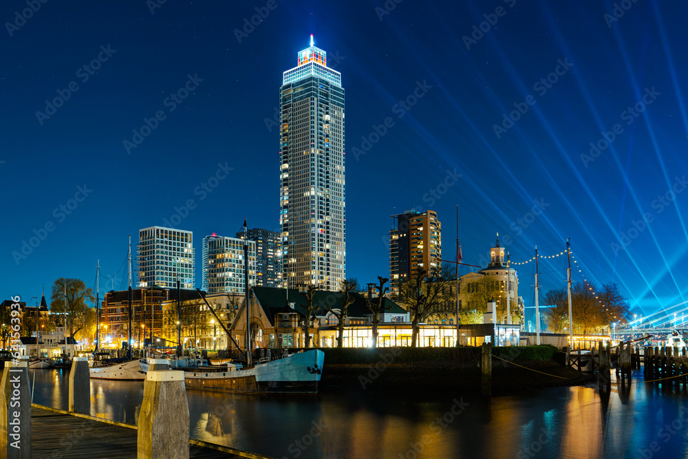 Panoramic view of the night city. Rotterdam city skyline. City towers illuminated panorama. Netherlands