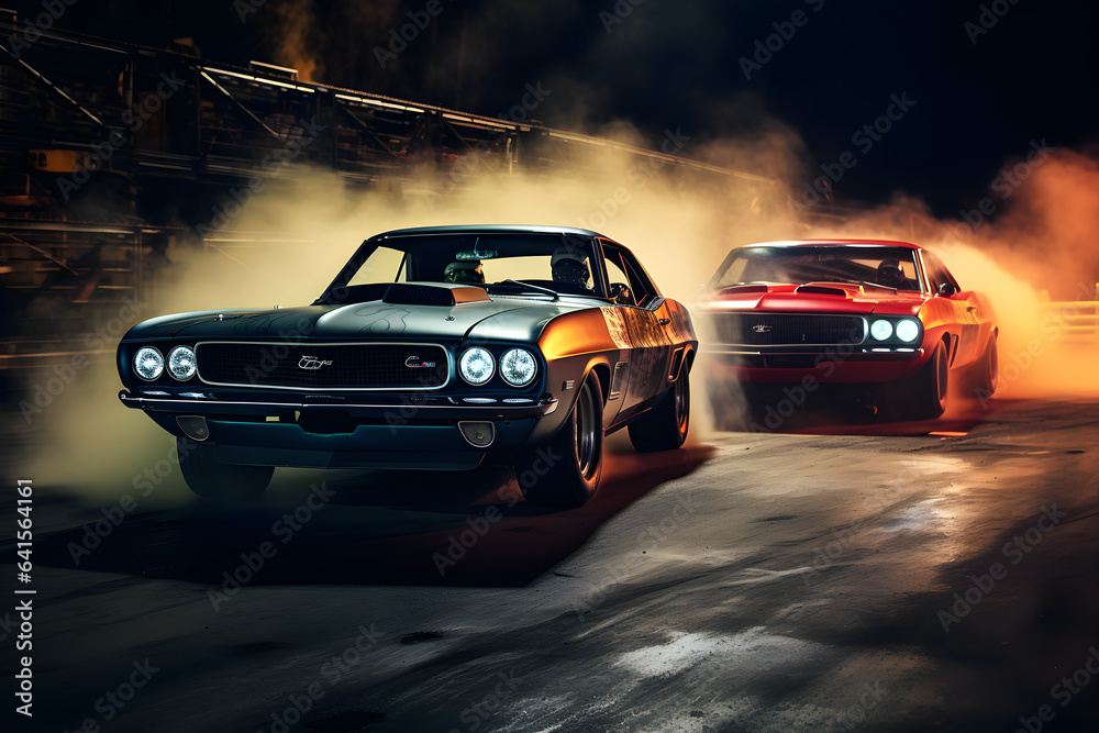 beautiful shot of a drag race at night