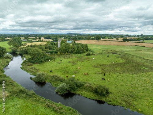 Aerial view of Lea Castle ruined medieval castle of the FitzGerald family with 4 storey donjon and gate house near Portarlington, County Laois