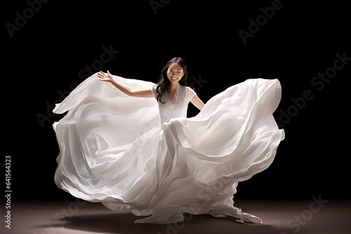 Beautiful woman wearing flowing white dress and pose dancing over a light background. Generative AI.