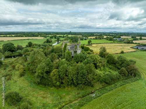 Aerial view of Lea Castle ruined medieval castle of the FitzGerald family with 4 storey donjon and gate house near Portarlington, County Laois