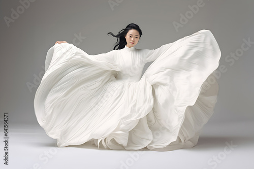 Beautiful woman wearing flowing white dress and pose dancing over a light background. Generative AI.