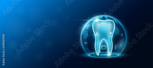Tooth human organ inside dome shield protection futuristic and medical icon transparent. Technology innovation health care. Medical science ads website banner with empty space for text. Vector.