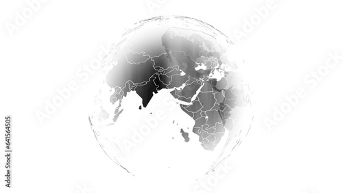 A black political map of the world on a transparent sphere rotates on a white background.