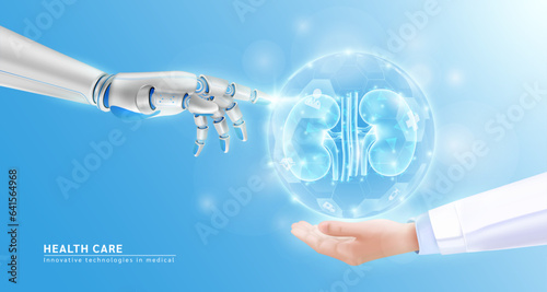 Innovative technologies in medical health care futuristic. Robot hand AI artificial intelligence assistance touch organ human stomach virtual kidney in doctor hand. Realistic 3D Vector EPS10.