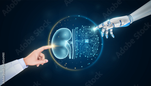 Hand of doctor and robot finger or cyborg artificial intelligence AI touching kidney. Human organ virtual interface. Innovative technology in science medical health care futuristic. 3D Vector.
