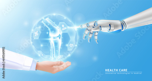 Robot hand AI artificial intelligence assistance touch organ human knee joint bone virtual simulation in doctor hand. Innovative technologies in medical health care futuristic. Realistic 3D Vector.