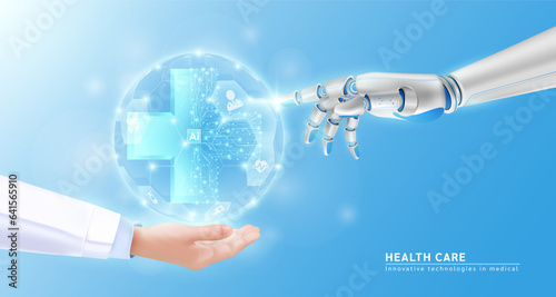 Robot hand ai artificial intelligence assistance touching medical sign symbol blue cross virtual simulation in doctor hand. Innovative technologies in medical health care futuristic. 3D Vector EPS10.