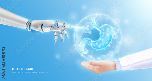 Innovative technologies in medical health care futuristic. Robot hand AI artificial intelligence assistance touch organ human stomach virtual simulation in doctor hand. Realistic 3D Vector EPS10.