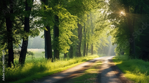 Single lane rural gravel road through the tall green linden trees. Sunlight flowing through the tree trunks. Fairy forest scene. Art, hope, heaven, wilderness, loneliness, pure nature concepts © Sasint
