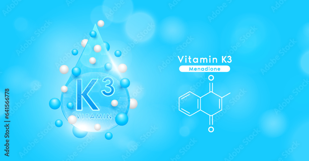 Blue vitamin K3 water drop and chemical structure surround with