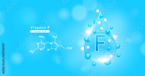 Blue vitamin F water drop and chemical structure. Vitamins complex mockup surround with collagen hyaluronic acid moisturizer for skin care cosmetics design. Beauty treatment nutrition. 3D Vector.