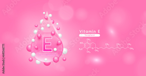Pink vitamin E water drop and chemical structure surround with collagen hyaluronic acid moisturizer. Vitamins complex mockup for skin care cosmetics design. Beauty treatment nutrition. 3D Vector.