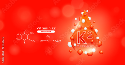 Red vitamin K2 water drop and chemical structure. Vitamins complex mockup surround with collagen hyaluronic acid moisturizer for skin care cosmetics design. Beauty treatment nutrition. 3D Vector.
