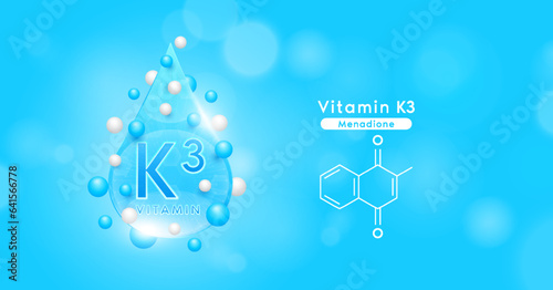 Blue vitamin K3 water drop and chemical structure surround with collagen hyaluronic acid moisturizer. Vitamins complex mockup for skin care cosmetics design. Beauty treatment nutrition. 3D Vector.