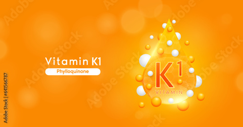 Orange vitamin K1 water drop. Vitamins complex mockup surround with collagen hyaluronic acid moisturizer for skin care cosmetics design. Beauty treatment nutrition. 3D Vector.