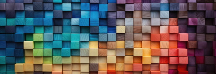 Colorful wooden blocks aligned. Wide format. Hand edited generative AI.
