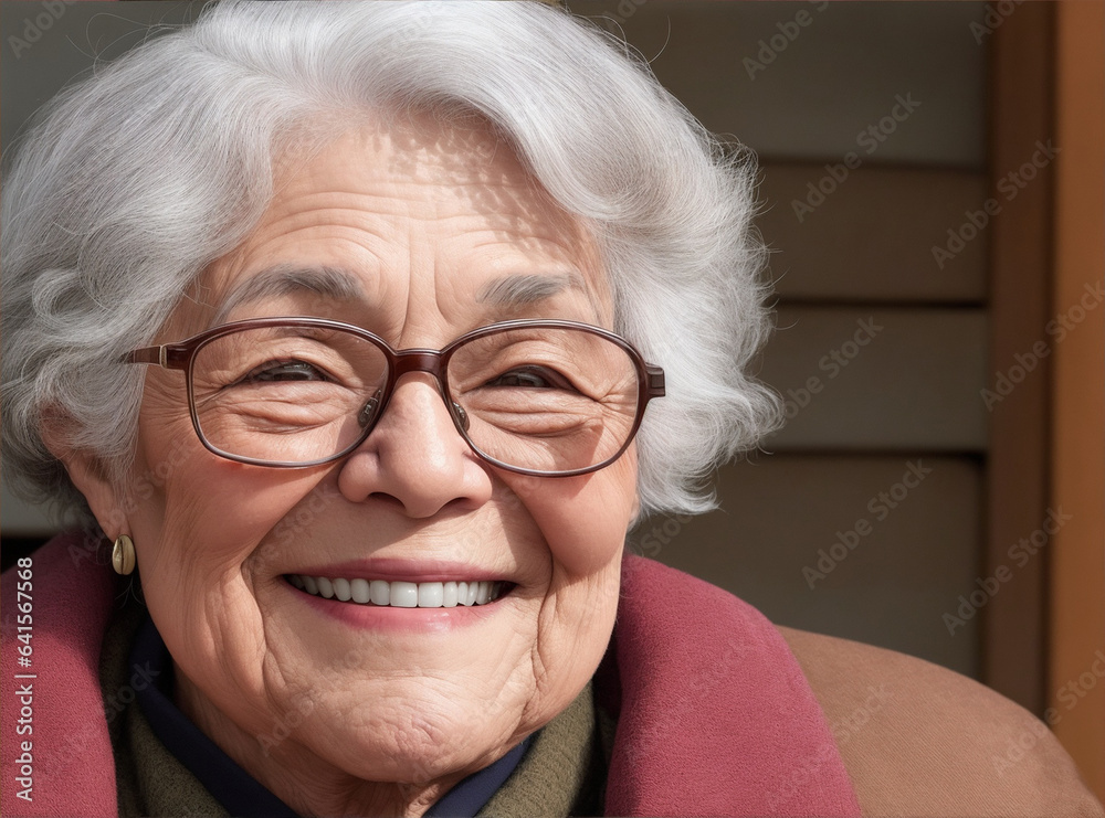 A elder woman wearing glasses and a brown jacket smiles at the camera. Generative AI A elder woman wearing glasses and a brown jacket smiles at the camera. Generative AI