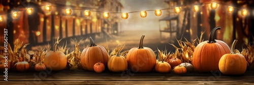 Thanksgiving decorations with pumpkins on rustic wooden planks  generative ai.