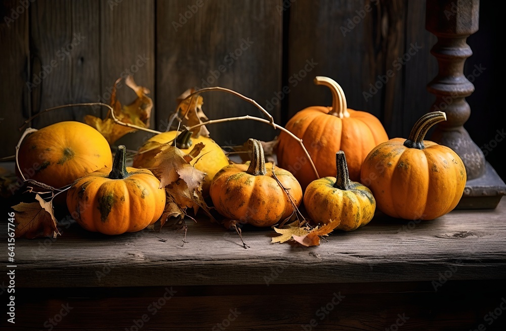 Thanksgiving decorations with pumpkins on rustic wooden planks, generative ai. Thanksgiving decorations with pumpkins on rustic wooden planks, generative ai.