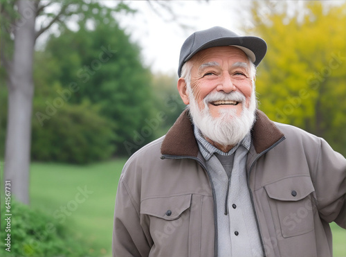 Smiling senior man with gray beard outdoors. Generative AI.