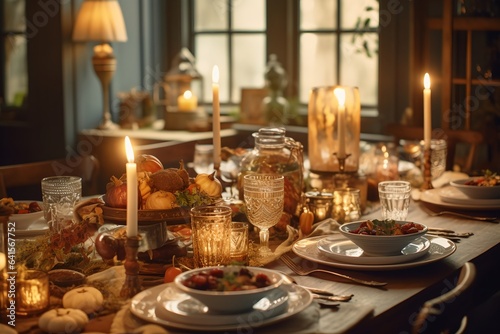 Thanksgiving table setting, elegant dinner table with pumpkins and candles generative ai.