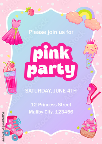 Template with dress, shoe, milkshake, cupcake, roller skate and rainbow for birthday invitation, flyer, party. Pink aesthetic. Space for text. Vector illustration.