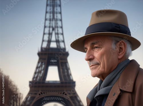A retired Frenchman with a hat on the background of the Eiffel Tower. Generative AI.